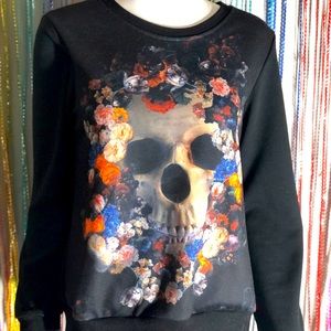 Sugar Skull Flowers Sweater Winter Day Medium Women Pull Over Comfy Soft Black